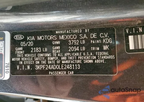 2020 Kia Forte Fe из США, поврежденный, VIN 3KPF24AD0LE248113